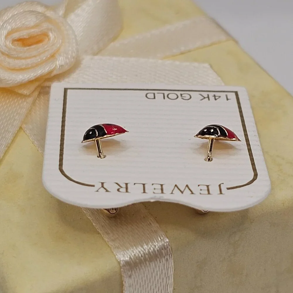 14KT Gold Ladybug Enamel Stud Screw Back Earrings 6mm